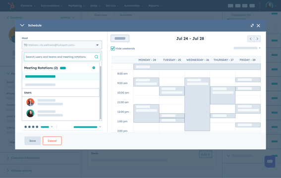 sales hub user interface showing meeting scheduling